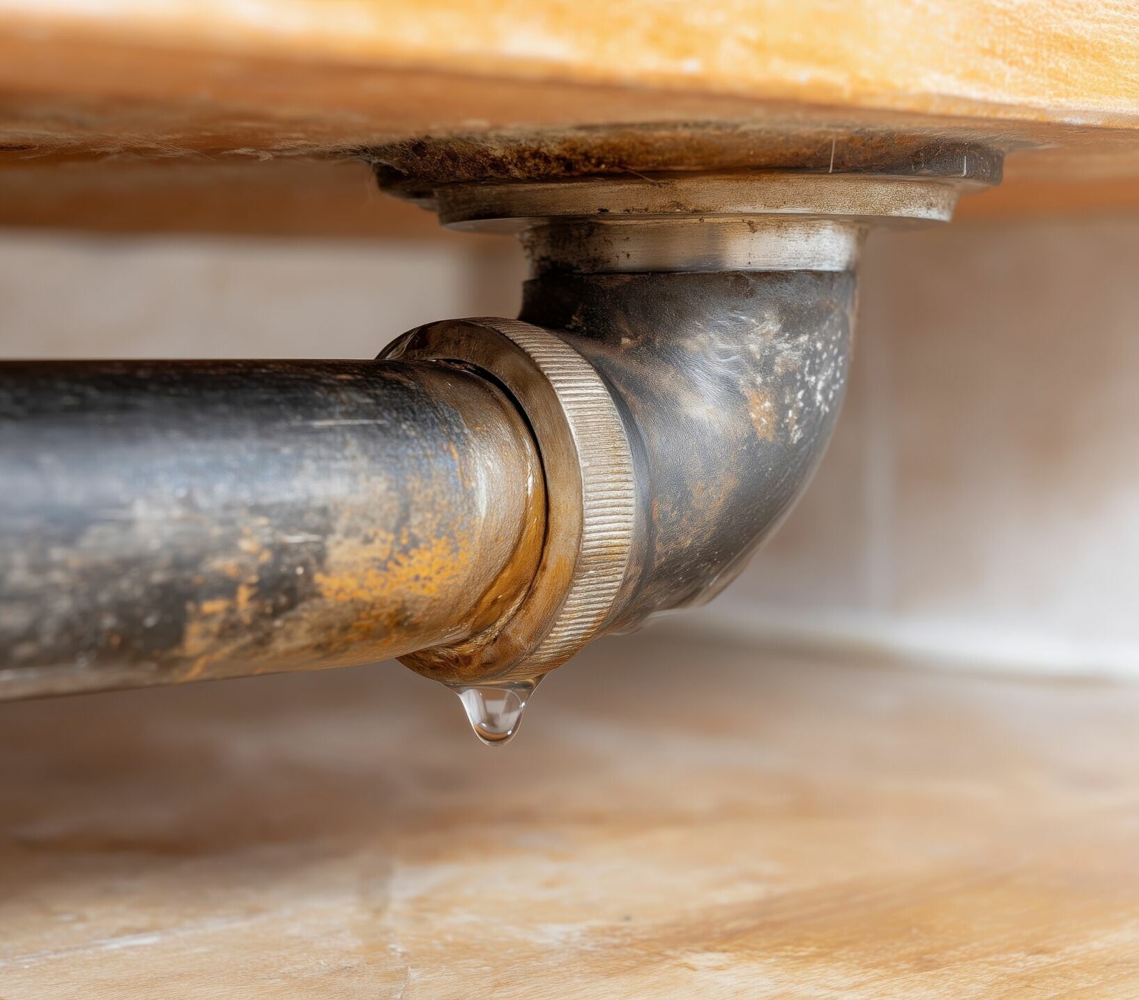 Close-up of a leaking black PVC pipe joint under a wooden sink cabinet, showing a drop of water and emphasizing plumbing maintenance needs in a home
